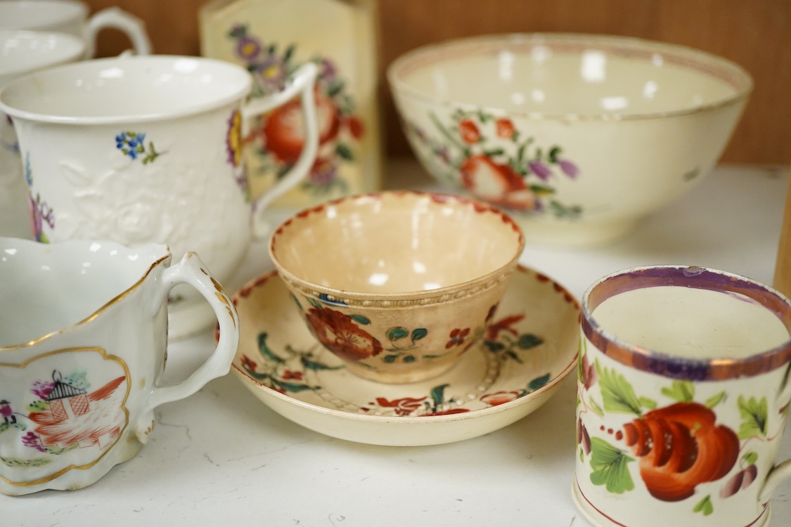 A group of late 18th century cream ware including a tea caddy a slops bowl, a tea bowl and saucer etc. and various 19th-century porcelain and pottery, blue and white tea caddy, 12cm high.